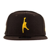 New Era x Billion Creation x SDHC 9Fifty San Diego Padres Bebo Jumpman Burnt Wood Brown Gold Snapback Hat Front