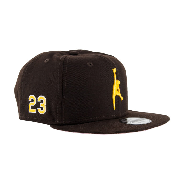 New Era x Billion Creation x SDHC 9Fifty San Diego Padres Bebo Jumpman Burnt Wood Brown Gold Snapback Hat Front Left New Era x Billion Creation x SDHC 9Fifty San Diego Padres Bebo Jumpman Burnt Wood Brown Gold Snapback Hat Front Left