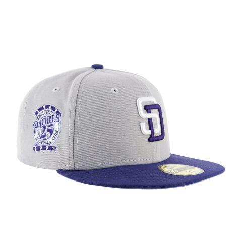 New Era 59Fifty San Diego Padres Padres SNES Gray Purple Fitted Hat Front Left