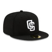 New Era 59Fifty San Diego Padres Upside Down Logo Fitted Hat Black White Front Left