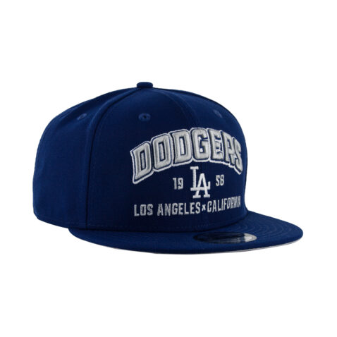 New Era 9Fifty Los Angeles Dodgers Stacked Snapback Hat Dark Royal Blue Front Left