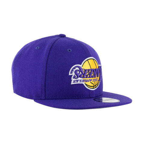 New Era 9Fifty Los Angeles Lakers Upside Down Logo Snapback Hat Purple Front Left