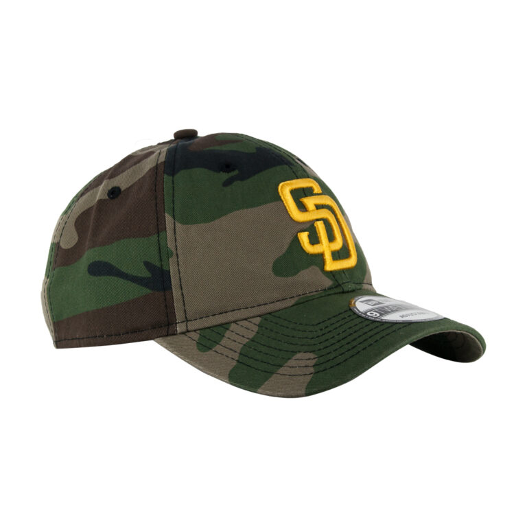 New Era 9Twenty CC San Deigo Padres Classic Camo Strapback Hat Woodland Camo Gold Front Left New Era 9Twenty CC San Deigo Padres Classic Camo Strapback Hat Woodland Camo Gold Front Left