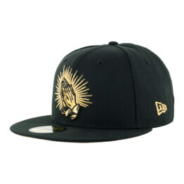 New Era 59Fifty Praying Hands Black Metallic Gold Fitted Hat Front Right