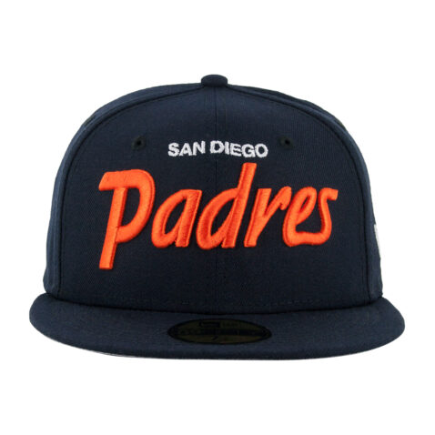 New Era 59Fifty San Diego Vintage Script Fitted Hat Dark Navy Front