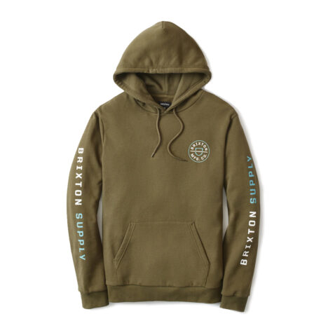 Brixton Crest Hood Pullover Military Oliver Teal White Front