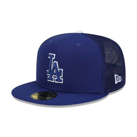 New Era 59Fifty Los Angeles Dodgers Batting Practice Trucker Hat 2022 Dark Royal Blue Front Left