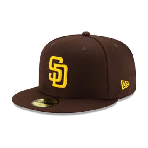 New Era 59Fifty San Diego Padres Jackie Robinson 42 Side Patch Fitted Hat Burnt Wood Brown Gold Front Left