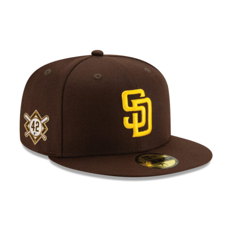 New Era 59Fifty San Diego Padres Jackie Robinson 42 Side Patch Fitted Hat Burnt Wood Brown Gold Front Right