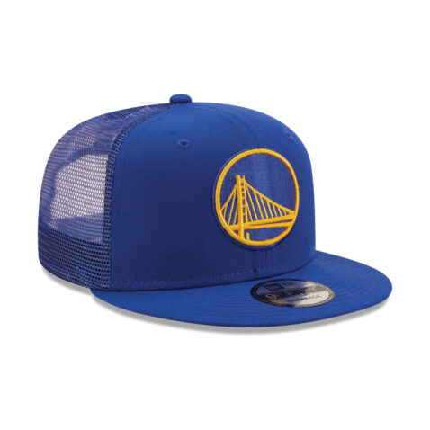 New Era 9Fifty Golden State Warriors Trucker Snapback Hat On Field Team Color Front Left