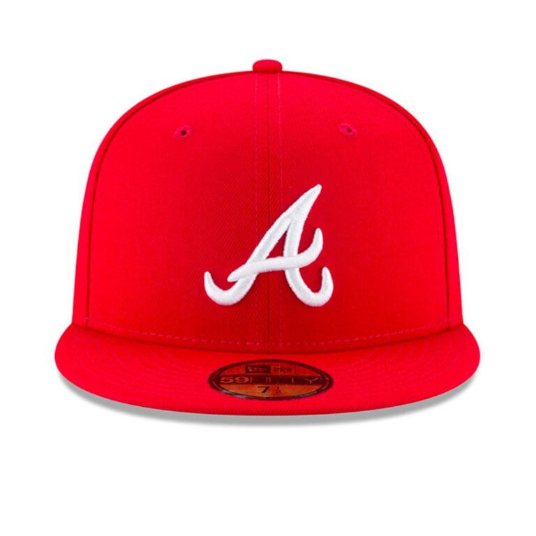New Era 59Fifty Atlanta Braves Scarlet Red White Fitted Hat Front New Era 59Fifty Atlanta Braves Scarlet Red White Fitted Hat Front