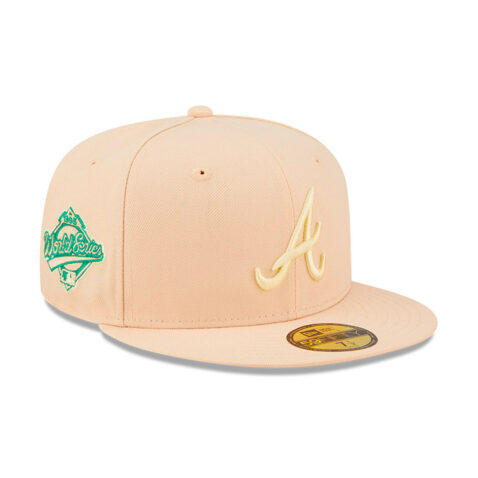 New Era 59Fifty Atlanta Braves State Fruit Georgia Peach Energy Collection Peach Fitted Hat Right Front
