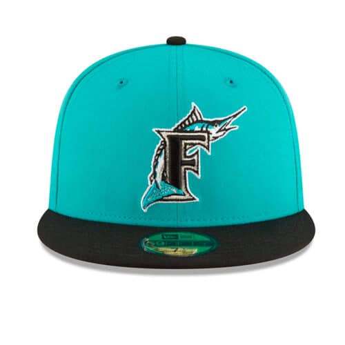 New Era 59Fifty Florida Marlins Cooperstown 1997 World Series Side Patch Fitted Hat Teal Blue Black Front