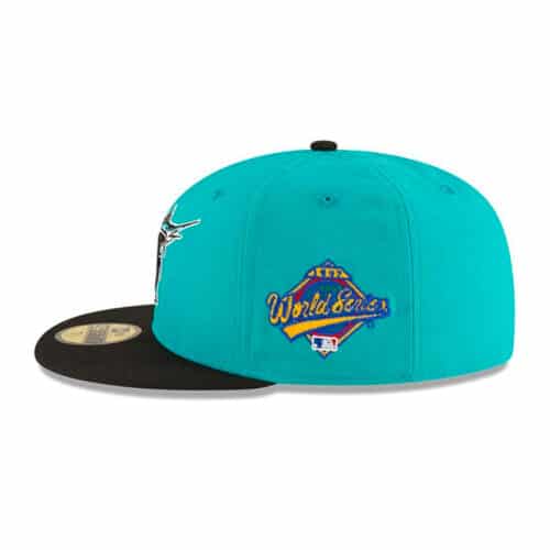 New Era 59Fifty Florida Marlins Cooperstown 1997 World Series Side Patch Fitted Hat Teal Blue Black Left