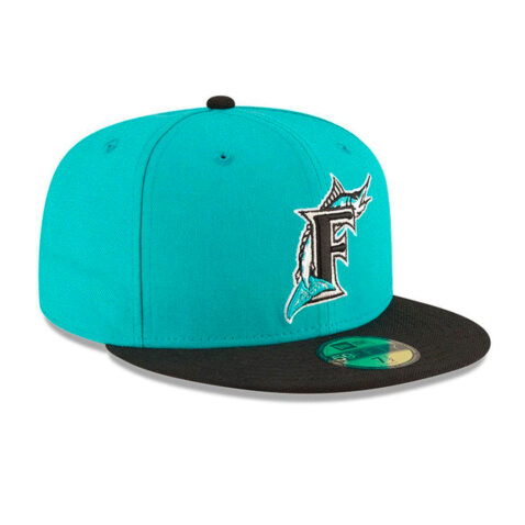 New Era 59Fifty Florida Marlins Cooperstown 1997 World Series Side Patch Fitted Hat Teal Blue Black Right Front
