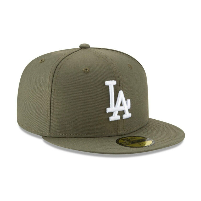 New Era 59Fifty Los Angeles Dodgers New Olive Green White Fitted Hat Right Front New Era 59Fifty Los Angeles Dodgers New Olive Green White Fitted Hat Right Front