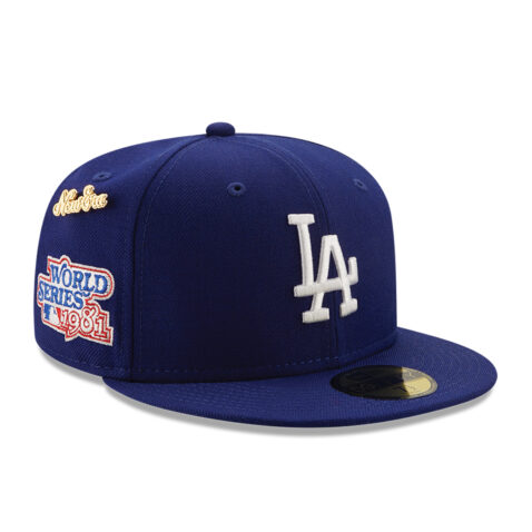 New Era 59Fifty Los Angeles Dodgers Logo History 1981 Fitted Hat Dark Royal Blue Right Front