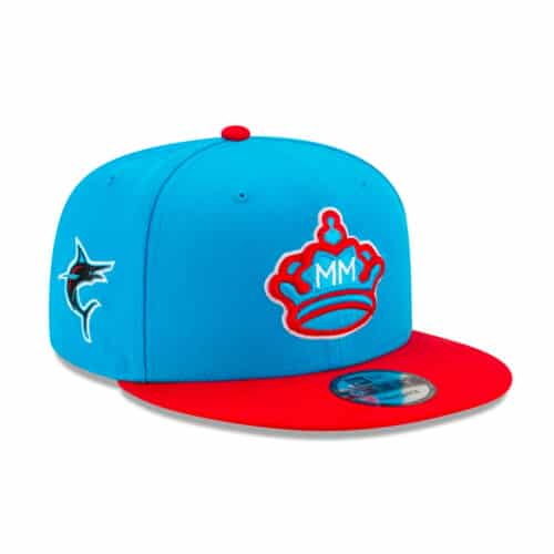 New Era 9Fifty Miami Marlins City Connect 2021 Snapback Hat Blue Red Right Front