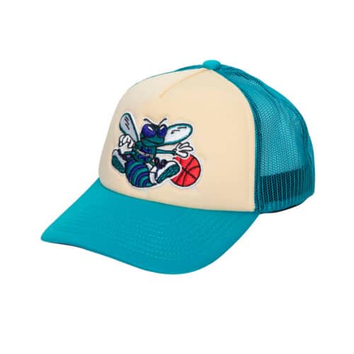 Mitchell & Ness Charlotte Hornets Off White Trucker Snapback Hat Turquoise Left Front
