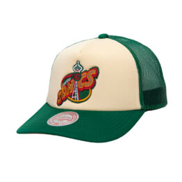 Mitchell & Ness Seattle Supersonics Off White Trucker Snapback Hat Green Left Front