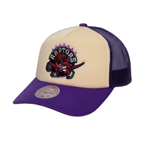 Mitchell & Ness Toronto Raptors Off White Trucker Snapback Hat Purple Left Front