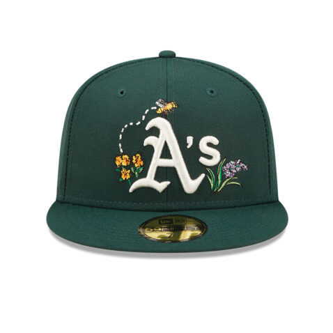 New Era 59Fifty Oakland Athletics Watercolor Floral Fitted Hat Dark Green Front