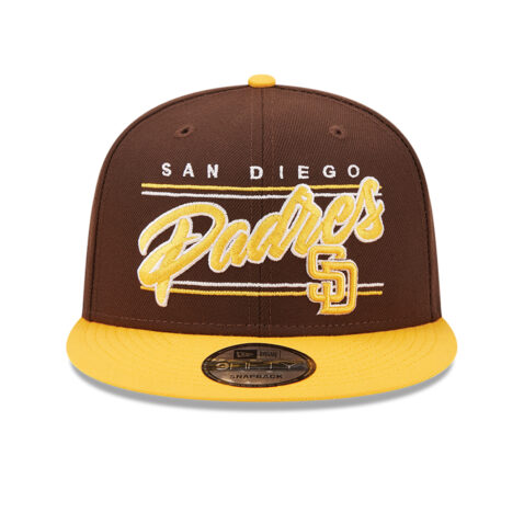 New Era 9Fifty San Diego Padres Team Script Snapback Hat Burnt Wood Brown Yellow Front