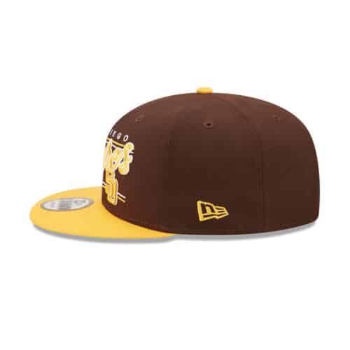 New Era 9Fifty San Diego Padres Team Script Snapback Hat Burnt Wood Brown Yellow Left
