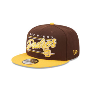 New Era 9Fifty San Diego Padres Team Script Snapback Hat Burnt Wood Brown Yellow Left Front