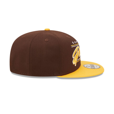 New Era 9Fifty San Diego Padres Team Script Snapback Hat Burnt Wood Brown Yellow Right