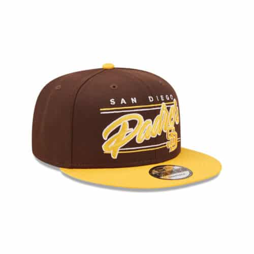New Era 9Fifty San Diego Padres Team Script Snapback Hat Burnt Wood Brown Yellow Right Front