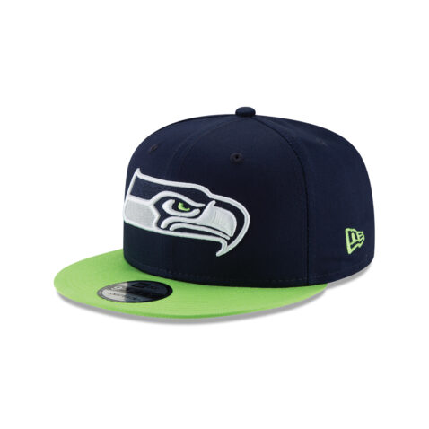 New Era 9Fifty Seattle Seahawks League Basic Two Tone College Navy Blue Action Green Snapback Hat Left Front