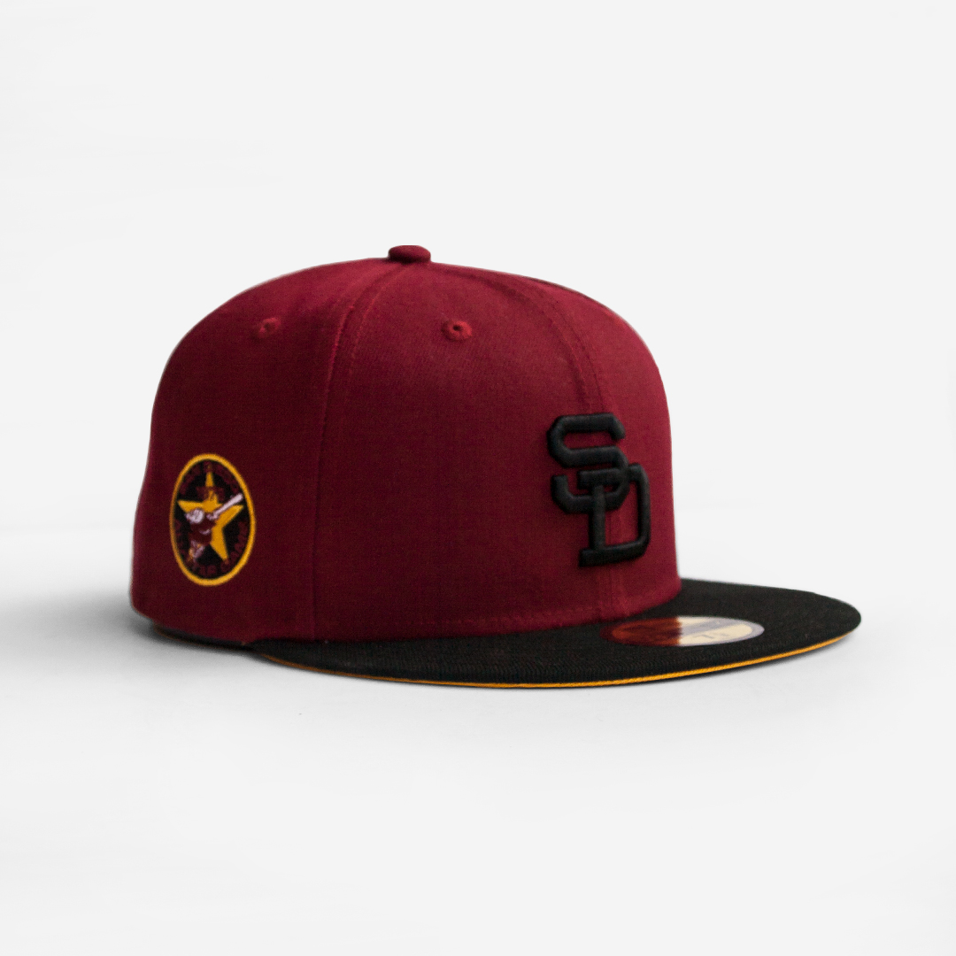 New Era x Billion Creation x Rally Caps 59Fifty San Diego Padres Montezuma Cardinal Red Black Gold Fitted Hat Landing Page 2