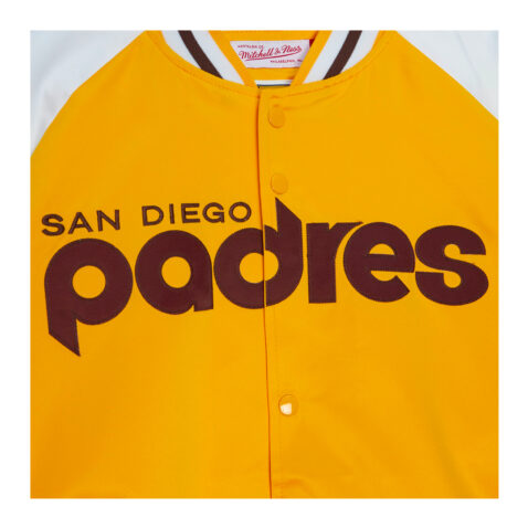 Mitchell & Ness San Diego Padres Primetime Lightweight Satin Jacket Gold Logo Close Up