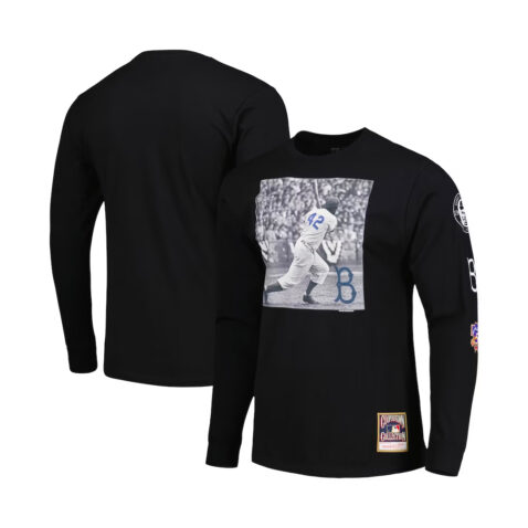 Mitchell & Ness Brooklyn Dodger Batter Up Jackie Robinson Long Sleeve T-Shirt Black Front and back