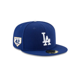 New Era 59Fifty Los Angeles Dodgers Jackie Robinson 2023 42 Side Patch Fitted Hat Dark Royal Blue White