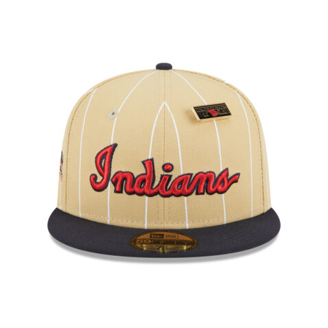 New Era 59Fifty Cleveland Indians Pinstripe Day Fitted Hat Camel Dark Navy Front