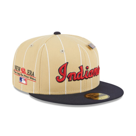 New Era 59Fifty Cleveland Indians Pinstripe Day Fitted Hat Camel Dark Navy Right Front
