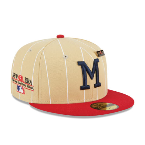 New Era 59Fifty Milwaukee Braves Pinstripe Day Fitted Hat Camel Red Right Front