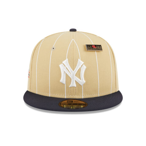 New Era 59Fifty New York Yankees Pinstripe Day Fitted Hat Camel Dark Navy Front