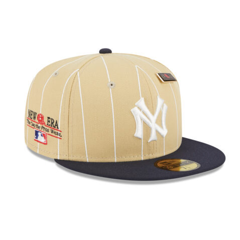 New Era 59Fifty New York Yankees Pinstripe Day Fitted Hat Camel Dark Navy Right Front