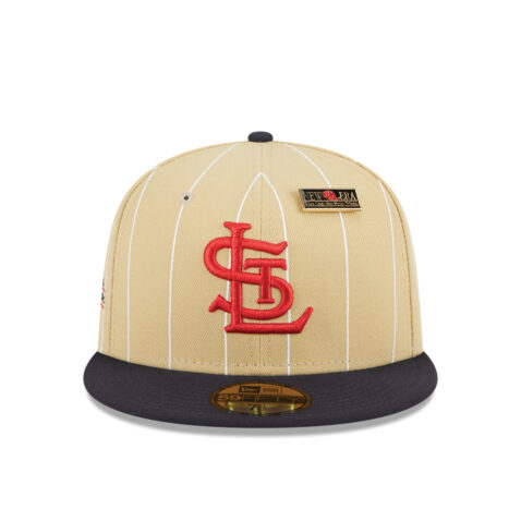 New Era 59Fifty St. Louis Cardinals Pinstripe Day Fitted Hat Camel Dark Navy Front