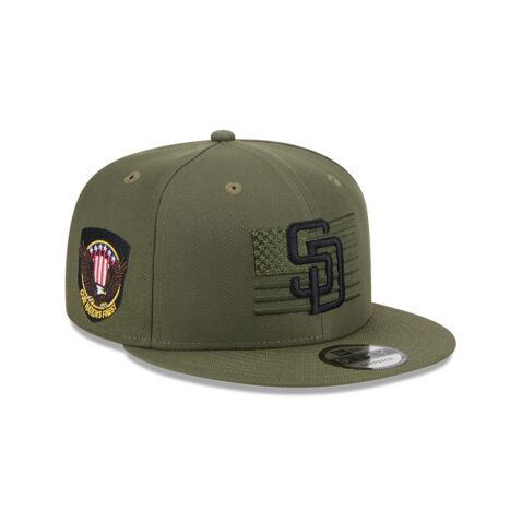 New Era 9Fifty San Diego Padres Armed Forces Day 2023 Snapback Hat New Olive Right Front