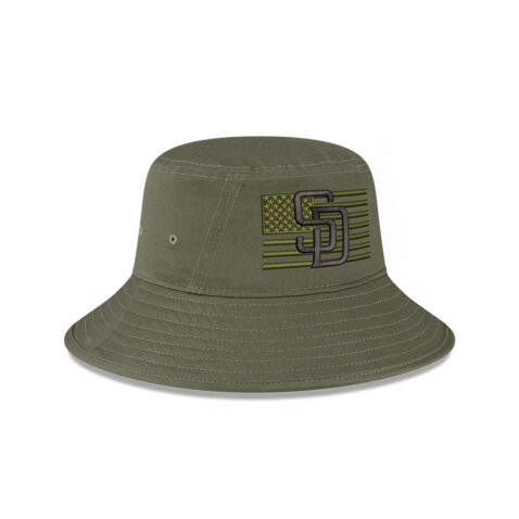 New Era San Diego Padres Armed Forces Day 2023 Bucket Hat New Olive Rigth Front