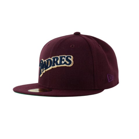 New Era x Billion Creation 59Fifty San Diego Padres Merlot Script Fitted Hat Maroon Red Dark Navy Blue 1