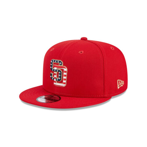 New Era 9Fifty San Diego Padres July 4th 2023 Snapback Hat Scarlet Red Left Front