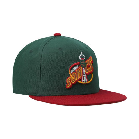 Mitchell & Ness Seattle Sonics 2 Tone 2.0 Snapback Hat Dark Green Burgundy Right Front