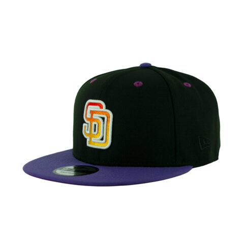 New Era 9Fifty San Diego Padres Sunset Adjustable Snapback Hat Black Gradient Orange Purple Left Front