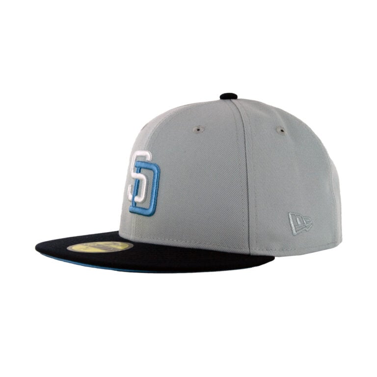 New Era 59Fifty San Diego Padres Grey Icy Fitted Hat Snow Gray White Sky Blue Left Front New Era 59Fifty San Diego Padres Grey Icy Fitted Hat Snow Gray White Sky Blue Left Front