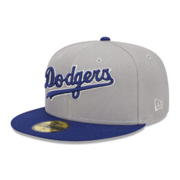 New Era 59Fifty Los Angeles Dodgers Retro Script Fitted Hat Grey Dark Royal Blue